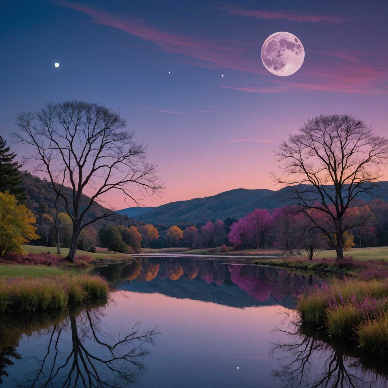 In diesem Gemälde entfaltet sich eine surreale Landschaft unter einem Zwielicht, das von violetten, rosa und tiefblauen Farbtönen durchzogen ist. Ein großer, leuchtender Vollmond dominiert die obere linke Ecke und wirft ein sanftes, ätherisches Licht über die gesamte Szene. Sanfte Hügel in verschiedenen Grüntönen erstrecken sich bis zum Horizont, übersät mit skurrilen Bäumen, deren verdrehte Äste und farbenfrohe, übergroße Blätter eine andere Welt erschaffen. Im Vordergrund spiegelt ein ruhiger, reflektierender Teich die Farben des Himmels und des Mondes wider. Seine Ränder sind von blühenden Blumen in lebendigen Rot-, Gelb- und Blautönen umgeben. In dieser bezaubernden Szenerie verstecken sich winzige, zarte Feen mit durchscheinenden Flügeln, die leuchtende Spuren von Sternenstaub hinterlassen. Auf einem Hügel thront ein malerisches Märchenhäuschen mit einem Strohdach, aus dessen Schornstein Rauch aufsteigt. Die Gesamtkomposition des Gemäldes erweckt ein Gefühl von Magie und Wunder und lädt den Betrachter ein, in eine fantastische Welt einzutauchen, in der Natur und Fantasie miteinander verschmelzen.