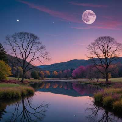 In diesem Gemälde entfaltet sich eine surreale Landschaft unter einem Zwielicht, das von violetten, rosa und tiefblauen Farbtönen durchzogen ist. Ein großer, leuchtender Vollmond dominiert die obere linke Ecke und wirft ein sanftes, ätherisches Licht über die gesamte Szene. Sanfte Hügel in verschiedenen Grüntönen erstrecken sich bis zum Horizont, übersät mit skurrilen Bäumen, deren verdrehte Äste und farbenfrohe, übergroße Blätter eine andere Welt erschaffen. Im Vordergrund spiegelt ein ruhiger, reflektierender Teich die Farben des Himmels und des Mondes wider. Seine Ränder sind von blühenden Blumen in lebendigen Rot-, Gelb- und Blautönen umgeben. In dieser bezaubernden Szenerie verstecken sich winzige, zarte Feen mit durchscheinenden Flügeln, die leuchtende Spuren von Sternenstaub hinterlassen. Auf einem Hügel thront ein malerisches Märchenhäuschen mit einem Strohdach, aus dessen Schornstein Rauch aufsteigt. Die Gesamtkomposition des Gemäldes erweckt ein Gefühl von Magie und Wunder und lädt den Betrachter ein, in eine fantastische Welt einzutauchen, in der Natur und Fantasie miteinander verschmelzen.