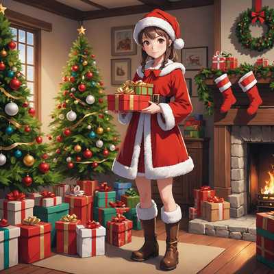 Eine festliche Szene im Manga-Stil zeigt ein junges Anime-Mädchen, das ein niedliches Weihnachtsmann-Outfit trägt. Sie hat einen flauschigen roten Hut, ein rotes Kleid mit weißem Besatz und passende Stiefel an. Sie steht in der Mitte eines gemütlichen Raumes, der für Weihnachten dekoriert ist, und hält einen Sack voller Geschenke über ihre Schulter. Der Hintergrund umfasst einen wunderschön geschmückten Weihnachtsbaum mit Lichtern und Ornamenten, Strümpfe, die über einem Kamin hängen, und ein Fenster, das eine winterliche Schneelandschaft draußen zeigt. Es herrscht eine Atmosphäre von Freude und Feierlichkeit mit vielen Details, die die Feiertagsstimmung betonen.
