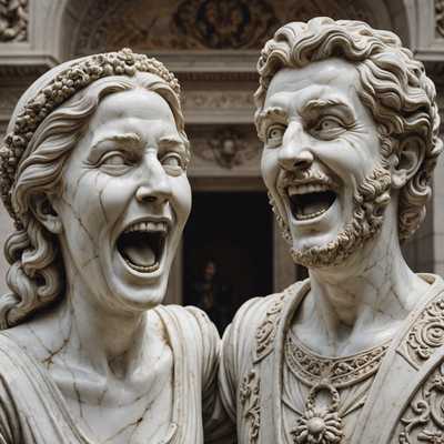 Auf dem Bild sind zwei Marmorstatuen in einem humorvollen und spielerischen Stil dargestellt. Eine Statue zeigt einen Mann mit einem übertriebenen Ausdruck, sein Mund weit offen in Überraschung oder Schock. Die andere Statue ist eine lachende Frau, deren Kopf leicht nach hinten geneigt ist. Beide Statuen haben übertriebene Merkmale und sind sorgfältig detailliert, die Texturen und Muster des Marmors zur Schau stellend. Die Szene ist in einer minimalistischen Umgebung gesetzt und hebt die Statuen und ihre komischen Ausdrücke hervor. Der gesamte Stil ist verspielt und modern, mit einer hohen handwerklichen Qualität, die in der 3D-Darstellung evident ist.