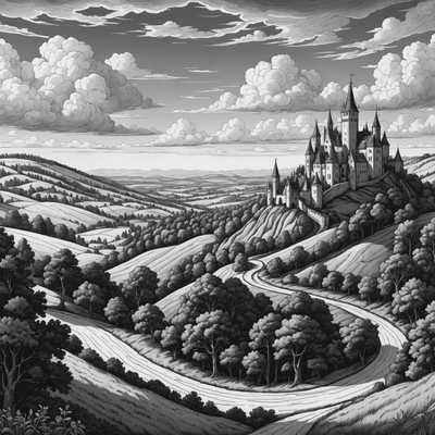 Eine detaillierte Schwarz-Weiß-Linienzeichnung im mittelalterlichen Fantasiestil. Der Hintergrund zeigt hügelige Landschaften, Bäume und einen detaillierten Himmel mit Wolken.