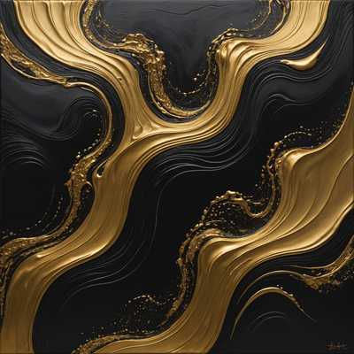 In dem Bild ist ein abstraktes Kunstwerk zu sehen, das Wellen und Ströme aus Gold darstellt. Das Gold scheint sich in einem flüssigen Zustand zu befinden, während es über die Leinwand rieselt und fließt, wodurch dynamische Texturen und schimmernde Highlights entstehen. Der Hintergrund ist dunkel, was den Kontrast verstärkt und das Gold leuchtend und lebendig erscheinen lässt. Die Gesamtwirkung ist sowohl faszinierend als auch luxuriös, wobei die komplizierten Muster des geschmolzenen Goldes die Aufmerksamkeit des Betrachters auf sich ziehen.