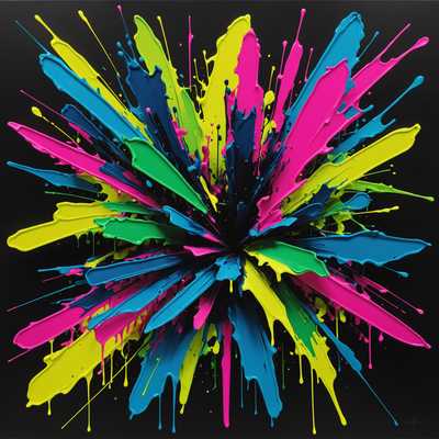 Das Gemälde zeigt lebhafte, chaotische Spritzer und Tropfen von Neonfarben, einschließlich elektrisches Blau, fluoreszierendes Pink, leuchtendes Gelb und auffälliges Grün. Diese lebhaften Farbtöne stehen im Kontrast zu einem dunklen, fast schwarzen Hintergrund. Die Neonfarbe scheint auf abstrakte Weise verstreut und verschmiert zu sein, ohne erkennbare Formen oder Figuren, was ein Gefühl von Bewegung und Energie erzeugt. Die Textur ist reichhaltig, mit sich überlappenden und vermischenden Farbschichten, die den Eindruck eines dynamischen, modernen Kunstwerks vermitteln.