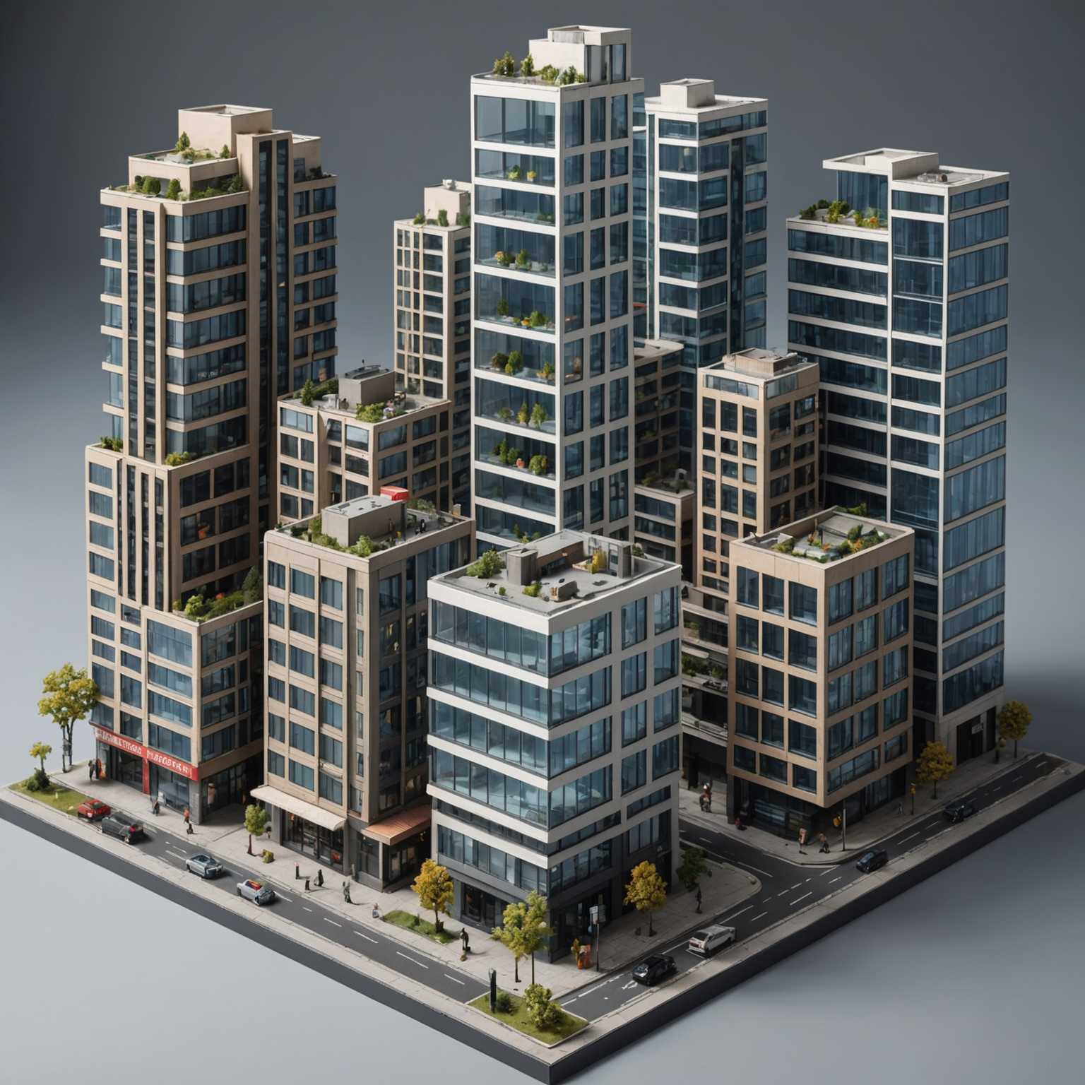 Das Bild zeigt ein detailliertes 3D-Miniaturmodell einer modernen städtischen Szene. Die Szene umfasst mehrere Gebäude unterschiedlicher Höhen und Designs, maßstabsgetreu mit komplizierten Texturen und realistischen Details. Die Gebäude haben scharfe Kanten, Glasfenster und verschiedene Strukturelemente wie Balkone, Terrassen und Dächer. Einige Gebäude sind höher und ähneln Wolkenkratzern, während andere niedriger und mehr wie Wohngebäude aussehen. Die Bodenoberfläche scheint eine Kombination aus Straßen, Gehwegen und Grünflächen darzustellen, möglicherweise Parks oder Landschaftsbereiche. Es gibt auch Straßenelemente wie Wege, Straßenlaternen und möglicherweise einige Fahrzeuge entlang der Straßen. Das Gesamtkoloritschema des Modells ist monochromatisch, vielleicht in Grautönen, Weiß und Schwarz, was die architektonischen Details hervorhebt und einen sauberen, professionellen Look verleiht. Die Beleuchtung in der Szene ist weich und gleichmäßig, wodurch alle Strukturen und Elemente klar sichtbar sind, ohne harte Schatten.