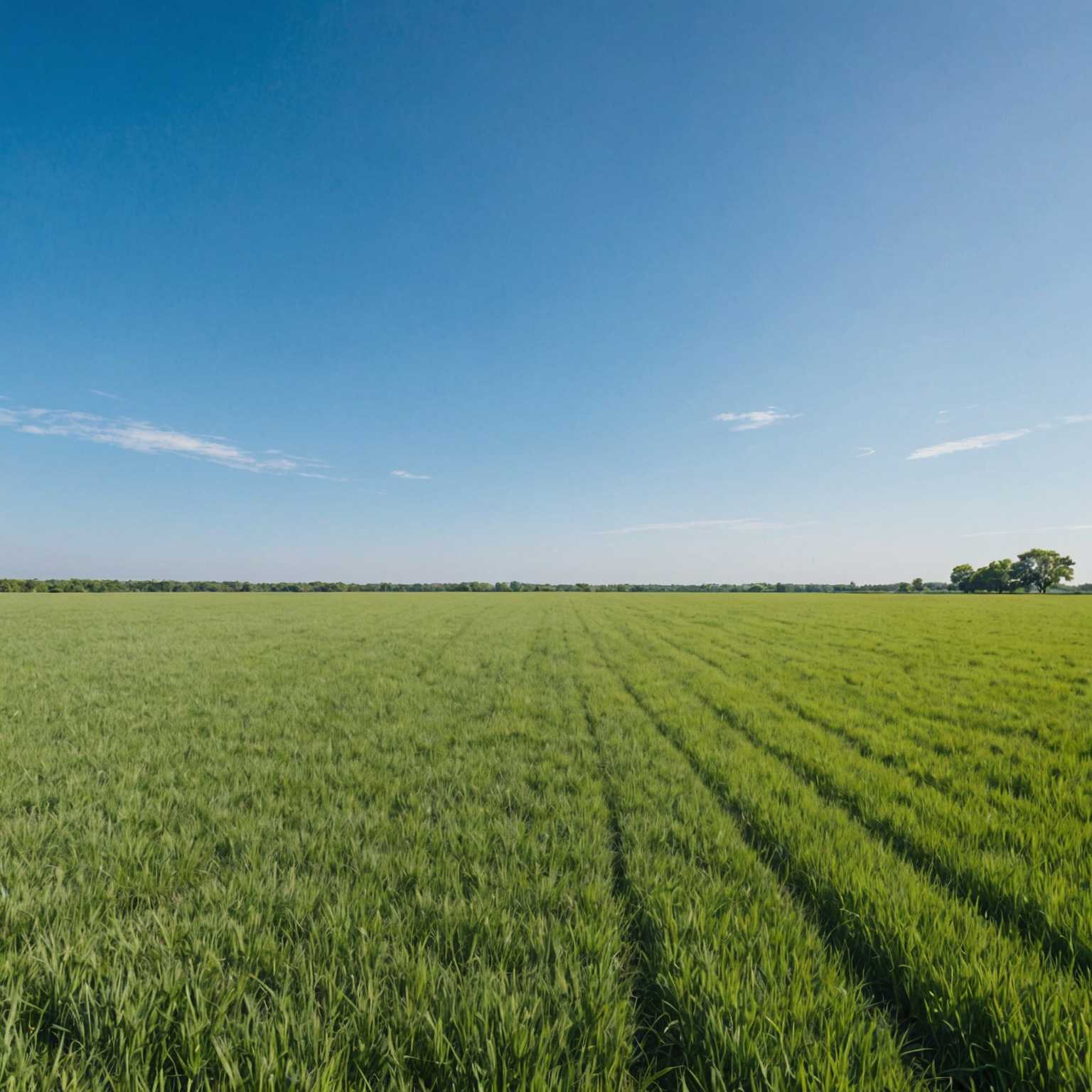 Eine ruhige, minimalistische Landschaft mit einem weiten, offenen Feld unter einem weiten, klaren Himmel. Die Horizontlinie ist deutlich und trennt das üppige, grüne Gras vom blassblauen Himmel. Es gibt keine Gebäude, Bäume oder sonstige Objekte in der Szene, was ein Gefühl der Ruhe und Weite vermittelt. Die gesamte Komposition ist einfach und beruhigend und betont die natürliche Schönheit der Landschaft.