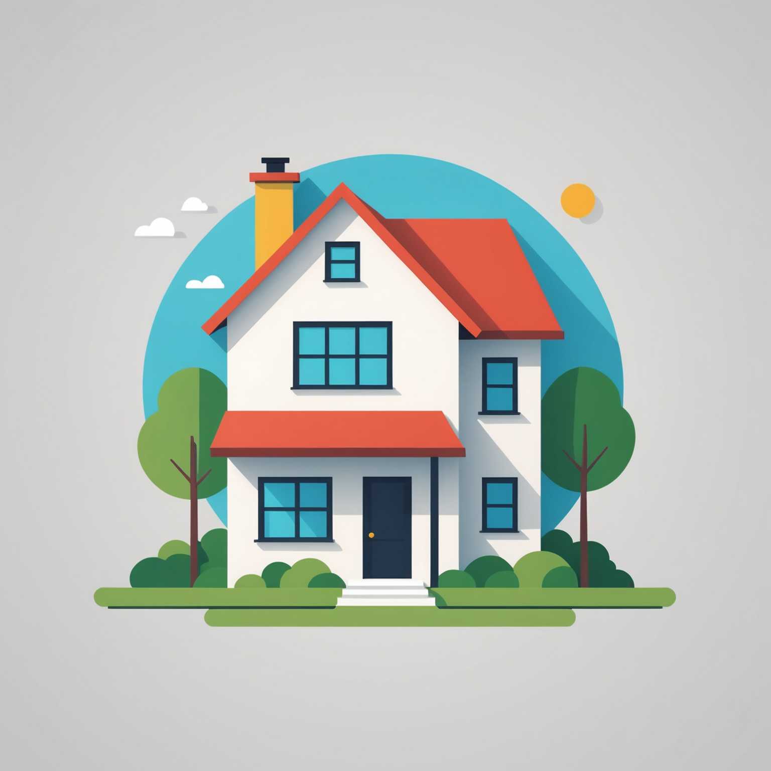 Das Bild zeigt ein minimalistisches flaches Symbol eines Hauses mit einfachem, modernem Design und sauberen Linien. Das Symbol ist einheitlich mit flachen Farben und minimalen Details gestaltet und folgt einer einfachen und kohärenten visuellen Ästhetik.