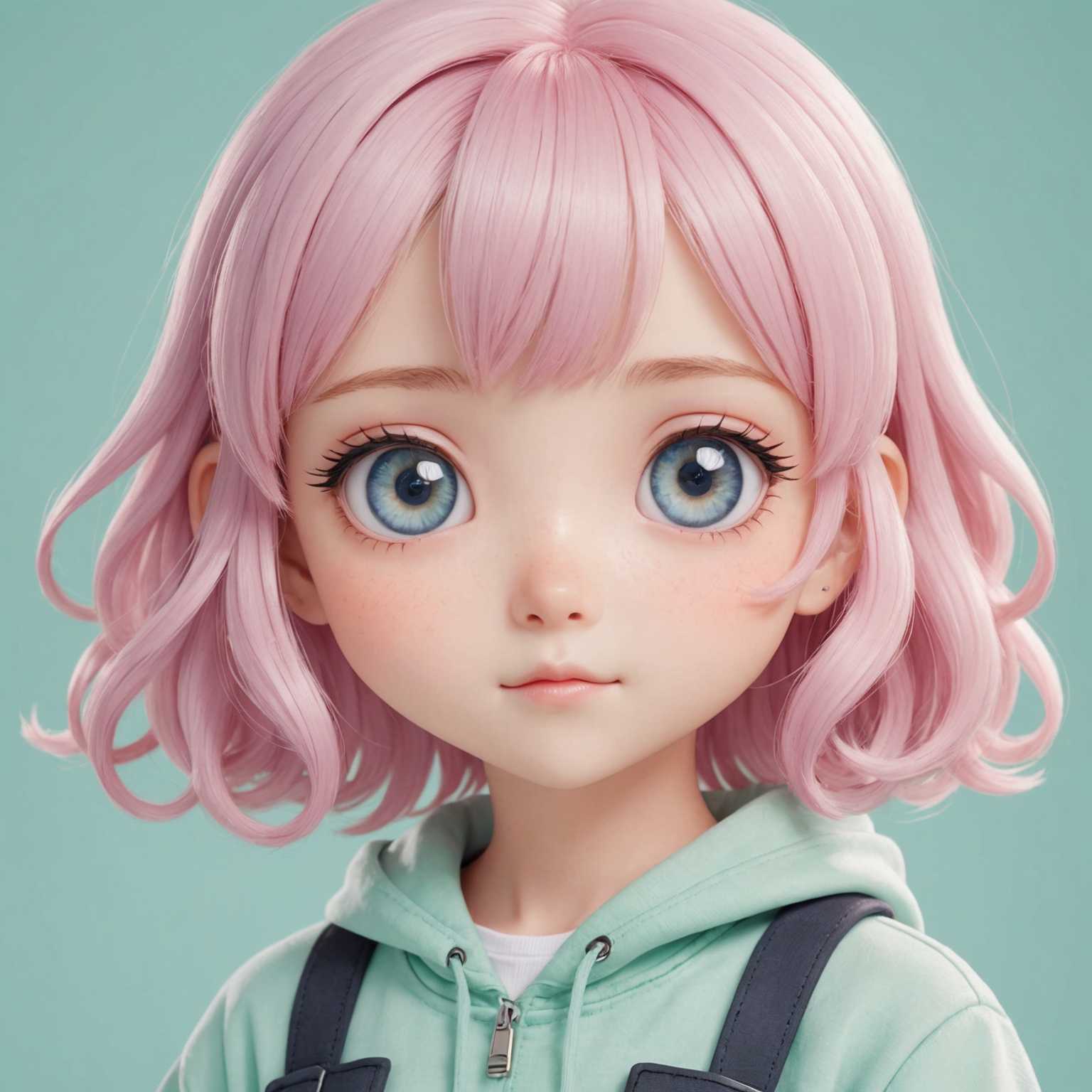 Eine kawaii-style Anime-Figur mit großen, funkelnden Augen und einem kleinen, runden Gesicht. Die Figur hat pastellfarbenes Haar und trägt ein einfaches, niedliches Outfit. Der Hintergrund ist schlicht oder hell gefärbt, um den Fokus auf die niedliche Figur zu lenken.