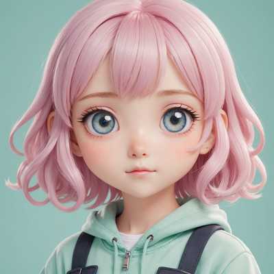 Anime-Charakter mit großen blauen Augen und rosa Haaren