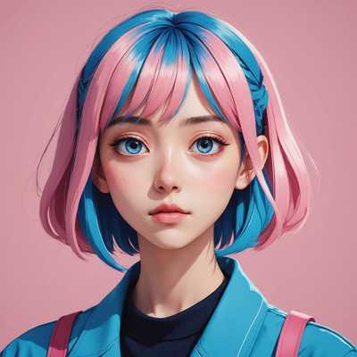 Dies ist ein minimalistisches Porträt eines Charakters im Anime-Stil. Der Charakter hat große, ausdrucksstarke Augen, eine kleine, zarte Nase und einen kleinen Mund. Das Haar ist stilisiert mit fettgedruckten, einfachen Linien und modisch gefärbt in einer unnatürlichen Farbe wie Blau oder Pink. Der Charakter trägt modische Kleidung, die mit minimalen, aber effektiven Details dargestellt wird, um ein Gefühl für moderne Mode zu vermitteln. Der Hintergrund ist einfach oder abstrakt gehalten, um sicherzustellen, dass der Fokus auf dem Charakter bleibt. Die gesamte Illustration ist sauber und schlank, was das stilvolle und moderne Design des Charakters betont.