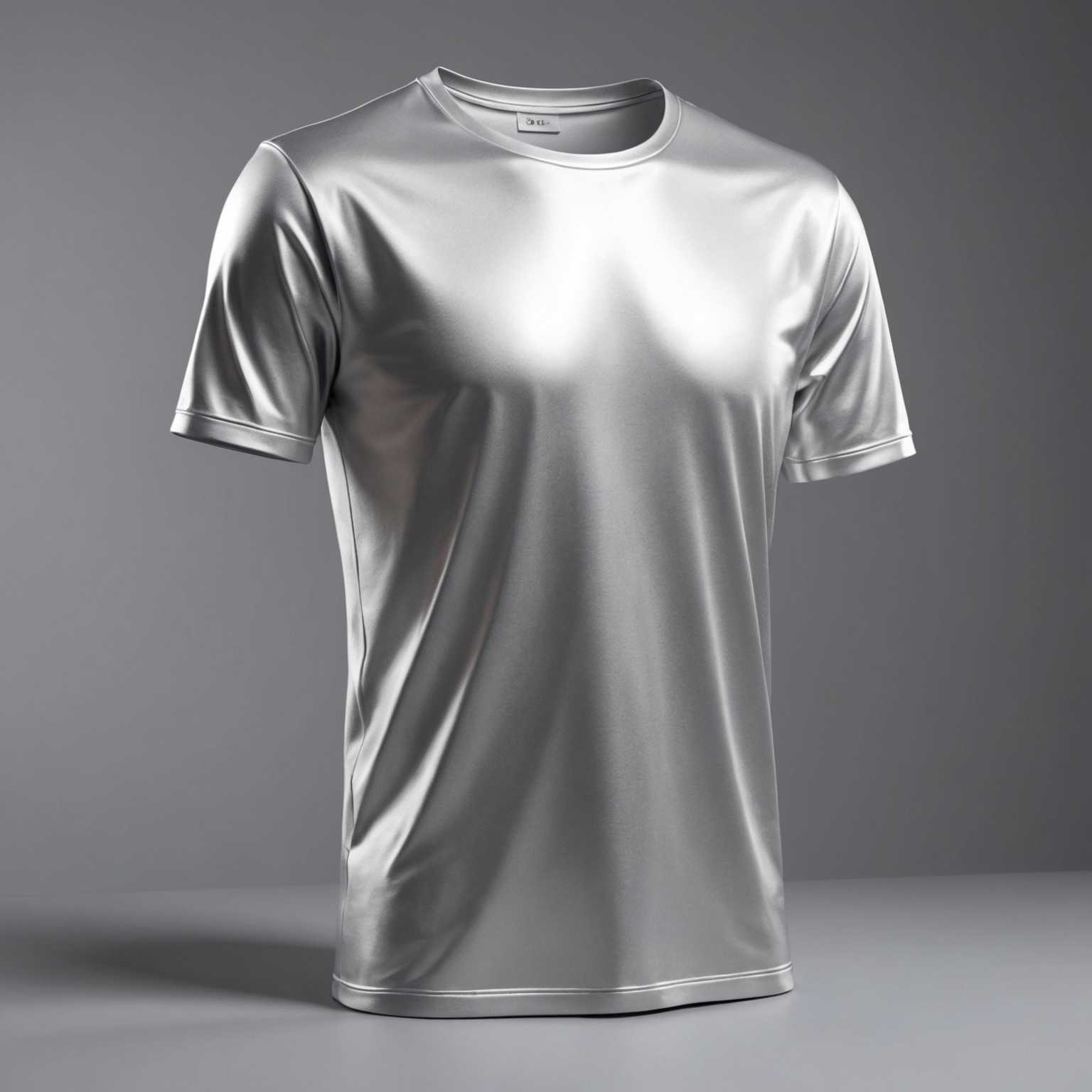 Ein schlankes, modernes, in 3D gerendertes silbernes T-Shirt mit minimalistischem Design. Das Shirt hat eine glatte, polierte Textur und eine subtile reflektierende Oberfläche, die das Licht einfängt. Der Schnitt ist zeitgemäß und schmucklos, was Einfachheit und Eleganz betont. Das Shirt wird auf einem unsichtbaren Schaufensterpuppe oder Ständer präsentiert, sodass der Betrachter sich ganz auf das Design des Kleidungsstücks konzentrieren kann. Der Hintergrund ist wahrscheinlich in einer neutralen Farbe gehalten, um sicherzustellen, dass das T-Shirt im Mittelpunkt steht.