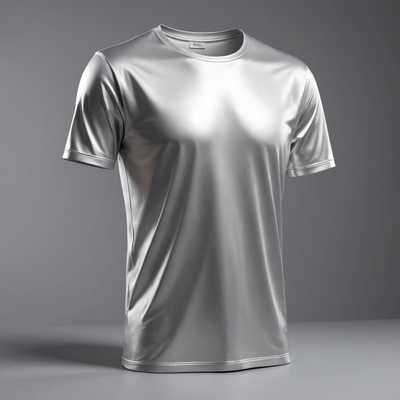 Ein schlankes, modernes, in 3D gerendertes silbernes T-Shirt mit minimalistischem Design. Das Shirt hat eine glatte, polierte Textur und eine subtile reflektierende Oberfläche, die das Licht einfängt. Der Schnitt ist zeitgemäß und schmucklos, was Einfachheit und Eleganz betont. Das Shirt wird auf einem unsichtbaren Schaufensterpuppe oder Ständer präsentiert, sodass der Betrachter sich ganz auf das Design des Kleidungsstücks konzentrieren kann. Der Hintergrund ist wahrscheinlich in einer neutralen Farbe gehalten, um sicherzustellen, dass das T-Shirt im Mittelpunkt steht.