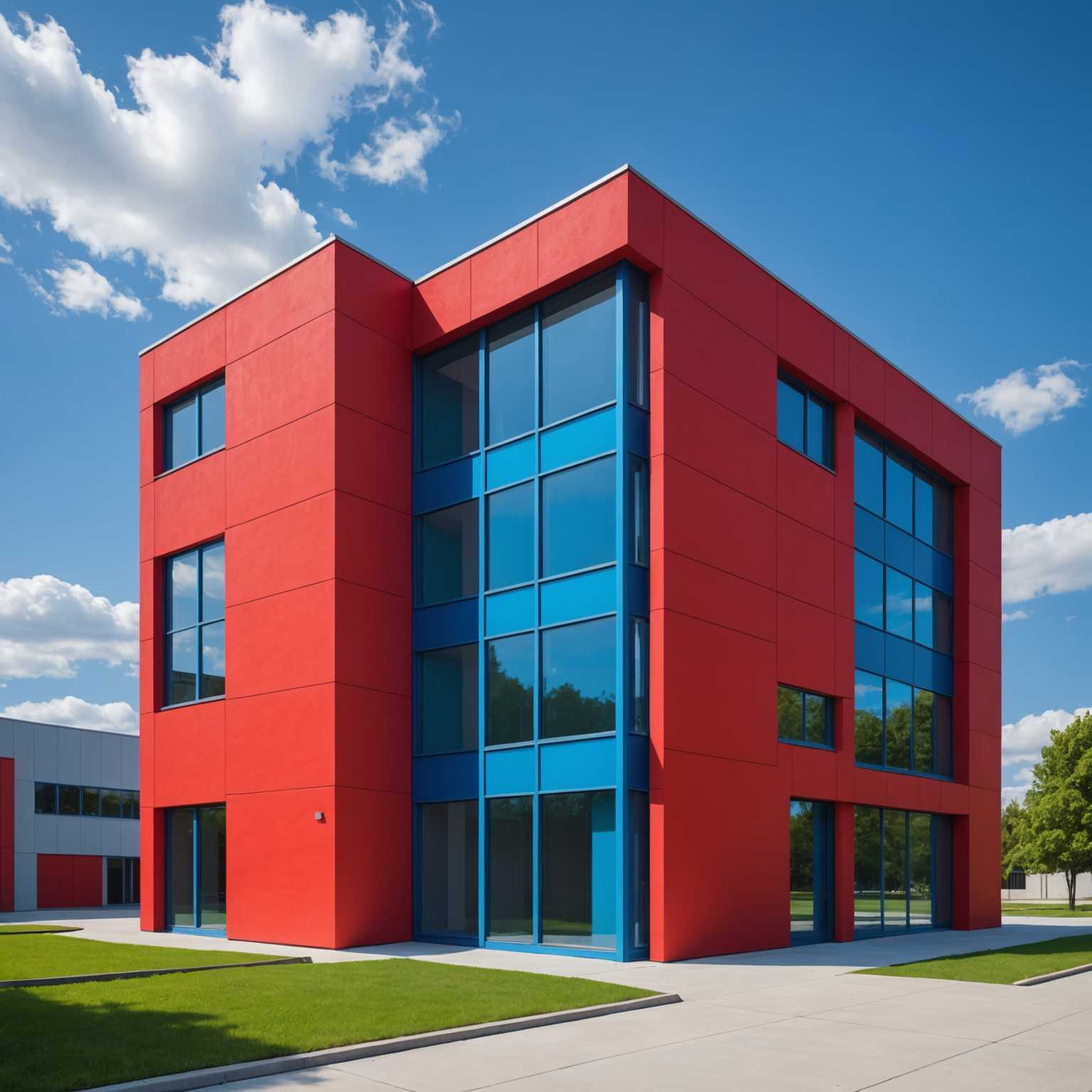 Das Bild zeigt ein modernes, minimalistisch gestaltetes Gebäude mit scharfen, klaren Linien und lebhaften Farben. Das Gebäude ist in einem kräftigen Rotton gestrichen, mit rechteckigen Fenstern und einfachen, geometrischen Formen. Der Himmel darüber ist klar und blau und verstärkt die Lebendigkeit der Farben des Gebäudes.