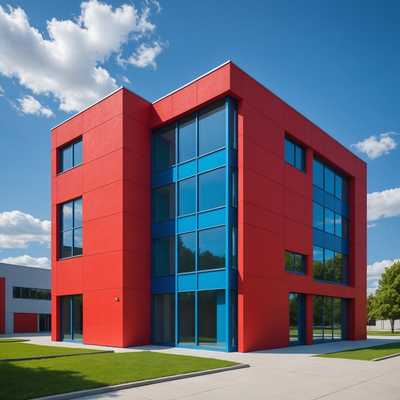 Das Bild zeigt ein modernes, minimalistisch gestaltetes Gebäude mit scharfen, klaren Linien und lebhaften Farben. Das Gebäude ist in einem kräftigen Rotton gestrichen, mit rechteckigen Fenstern und einfachen, geometrischen Formen. Der Himmel darüber ist klar und blau und verstärkt die Lebendigkeit der Farben des Gebäudes.