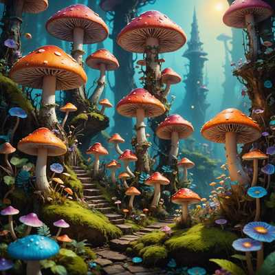 Eine lebendige, Miniatur-Fantasielandschaft, die von skurrilen Details strotzt: Überall auf dem Gelände stehen hoch aufragende, bonbonfarbene Pilze. Die Pilze haben komplizierte Muster und leuchten sanft im ätherischen Licht.