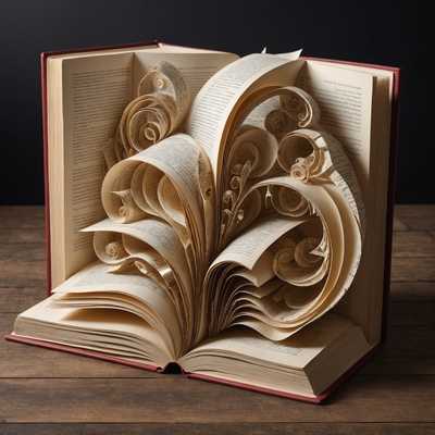 Das Bild zeigt ein hochdetailliertes 3D-Mockup, das vollständig aus Buchseiten besteht. Die Seiten sind kunstvoll gestaltet, um verschiedene Objekte und Strukturen zu formen und schaffen eine visuell fesselnde Szene. Jede Seite enthält Text oder Illustrationen, die den 3D-Elementen Tiefe und Realismus verleihen. Der Gesamtstil ist künstlerisch und akribisch ausgearbeitet, indem die Textur und das Erscheinungsbild echter Buchseiten mit der Präzision der 3D-Modellierung vereint werden.