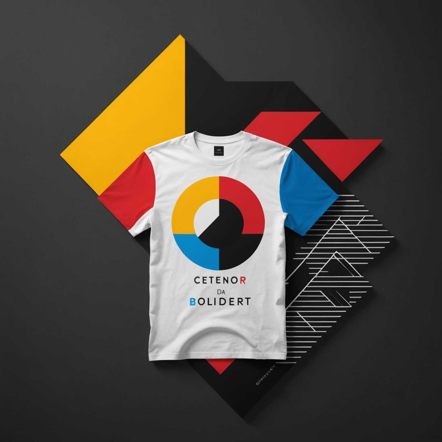 Das Bild zeigt ein T-Shirt-Design mit einer modernen und eleganten Ästhetik. Das Design umfasst ein minimalistisches Logo und grafische Elemente. Die Farbpalette verwendet hauptsächlich kontrastierende Töne wie Schwarz und Weiß, mit gelegentlichen Farbakzenten in Rot, Blau oder Gelb. Das Logo ist stilvoll und besteht aus klaren Linien und geometrischen Formen. Zudem integriert das Design ein abstraktes Muster oder eine scharfe, zeitgemäße Typografie. Der Gesamteindruck ist trendig und modisch und spricht ein junges, modernes Publikum an.