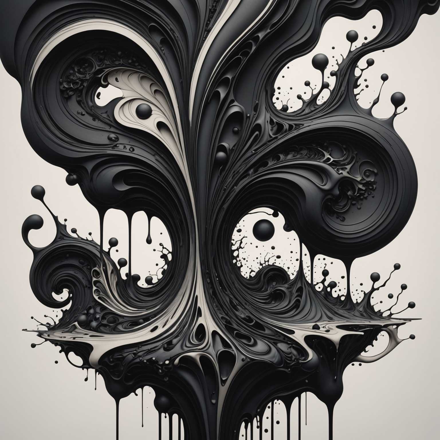 Eine surreale Tuschillustration, die durch flüssige, schmelzende Formen gekennzeichnet ist, die ineinander übergehen und fließen. Die Kunstwerke zeigen komplexe, abstrakte Formen mit satten, tiefen Tönen und Farbverläufen in Schwarz und Dunkelgrau. Die Tinte scheint hinunterzutropfen und zu fließen, was ein Gefühl von Bewegung und Transformation erzeugt. Organische, wellenartige Muster und wirbelnde Linien dominieren die Komposition und verleihen ihr eine traumhafte, fast hypnotische Qualität.