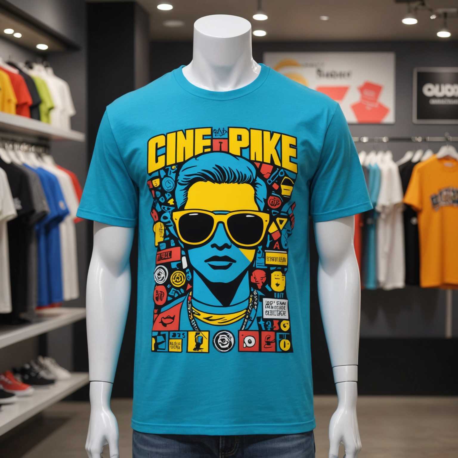 Das Bild zeigt ein modernes T-Shirt mit einem einzigartigen und trendigen Design, das auf Popkultur-Referenzen verweist. Die Farben sind lebendig und spiegeln aktuelle Modetrends wider. Das T-Shirt wird an einer Schaufensterpuppe präsentiert, um zu demonstrieren, wie es getragen werden kann. Das Gesamtaussehen ist zeitgemäß und stilvoll und spricht ein jugendliches und modebewusstes Publikum an.