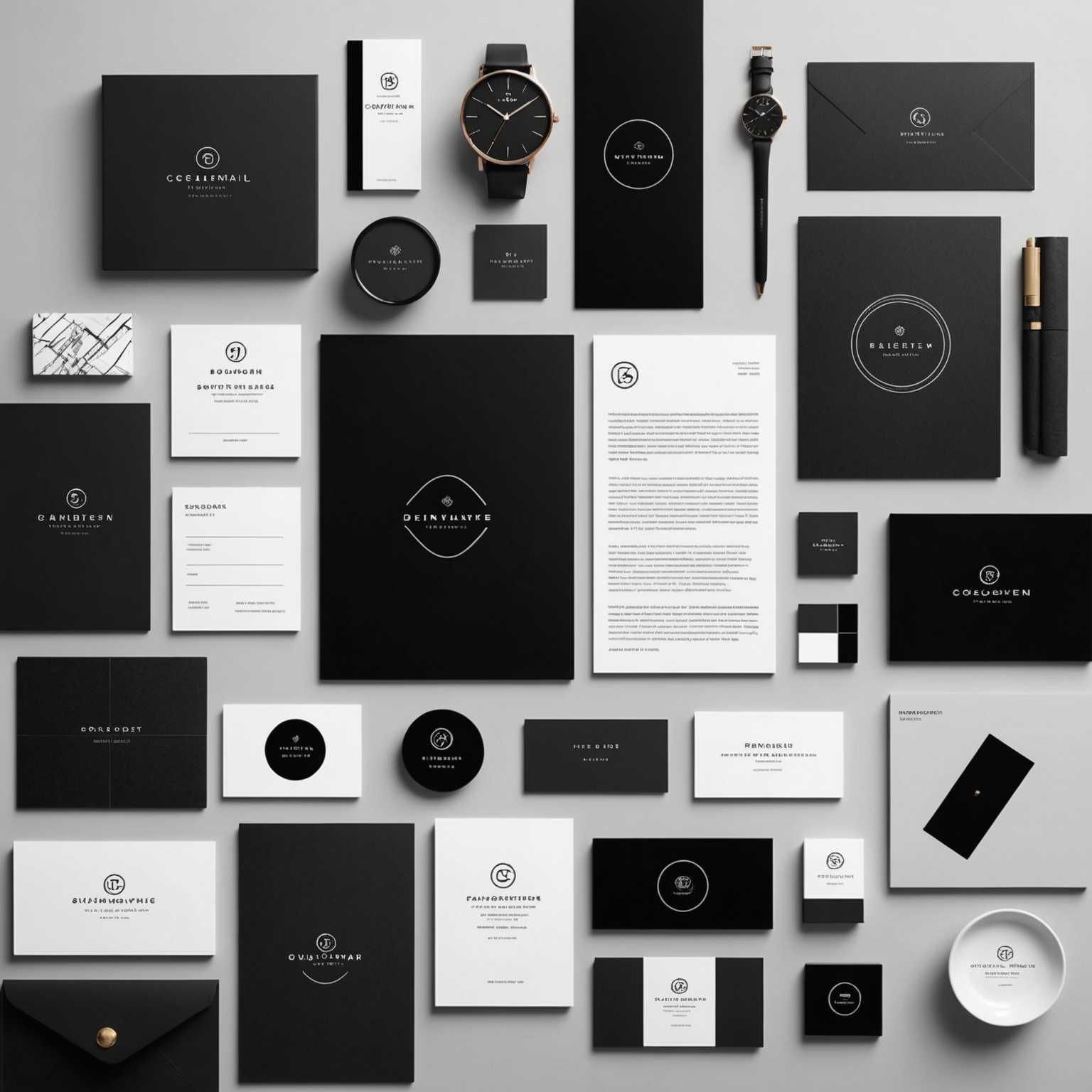 Das Bild zeigt eine ausgeklügelte Collage verschiedener Designelemente, die wahrscheinlich für Branding- und Grafikdesign-Arbeiten verwendet werden. Im Mittelpunkt der Komposition steht ein schlankes, modernes Logo in Monochrom. Um das Logo herum befinden sich mehrere kleinere Elemente, darunter Moodboard-Inspirationen, Farbmuster, Typografieproben und Bilder stilvoller Innenräume. Es sind auch Mockups von gebrandeten Artikeln wie Visitenkarten, Verpackungen und Schreibwaren sichtbar. Der Gesamtstil ist sauber, einheitlich und ästhetisch ansprechend, mit einer ausgewogenen Mischung aus visuellen Elementen, die die Vielseitigkeit und den Umfang der Branding-Arbeit zeigen.