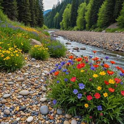 Die Ufer des Flusses sind mit bunten Wildblumen und glatten Kieseln gesäumt.