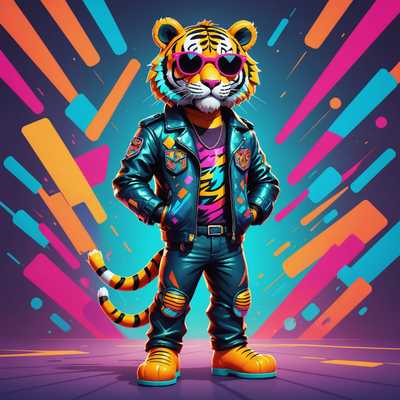 Ein lebendiger, neonfarbener Cartoon-Tiger, der eine Sonnenbrille und eine Lederjacke trägt, auf den Hinterbeinen steht, die Arme verschränkt hat und einen selbstbewussten Ausdruck zeigt. Der Hintergrund ist eine Mischung aus leuchtenden Farben und abstrakten Formen, die das allgemeine Fantasie- und verspielte Thema unterstreichen. Das Design kombiniert Elemente des Street-Styles und der Fantasie, was dem Tiger ein extravagantes und stilvolles Aussehen verleiht.