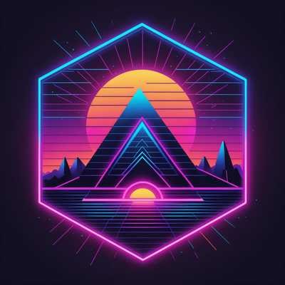 Ein neon-futuristisches Logo mit Synthwave-Ästhetik. Es zeigt leuchtende, glühende Farben, hauptsächlich in Schattierungen von Pink, Lila und Blau. Das Design umfasst geometrische Formen und Linien und betont ein retro-futuristisches Flair. Das Logo enthält ein Gitter, neonfarbene Linien und einen Horizont mit untergehender Sonne, der einen klassischen Synthwave-Sonnenuntergang symbolisiert. Das Gesamterscheinungsbild erinnert an digitale Kunst und Arcade-Spielbilder der 1980er Jahre.