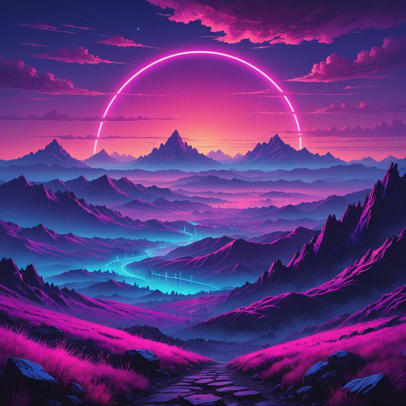 Eine atemberaubende Landschaft mit einer surrealen, verträumten Umgebung aus sanften Hügeln und zerklüfteten Bergen. Der Himmel ist in lebhaften, neonfarbenen Tönen aus Lila, Pink und Blau gehalten, was ihm ein Synthwave-Ästhetik verleiht. Ätherische Nebel klammern sich an den Boden und schaffen eine andere Welt Atmosphäre. Auffällig im Himmel dargestellt ist eine leuchtende Neon-Textkunst, die hell strahlt und ein leuchtendes Licht über die Landschaft wirft. Diese eindrucksvolle Szene spielt zwischen der traumähnlichen Umgebung und dem lebendigen, retro-futuristischen Text und verbindet die natürliche Landschaft mit einem Retro-Synthwave-Vibe der 80er Jahre. Die Gesamtkombination wirkt wie ein faszinierendes digitales Gemälde oder ein unglaublich lebendiges Foto und eignet sich ideal als Hintergrundbild.