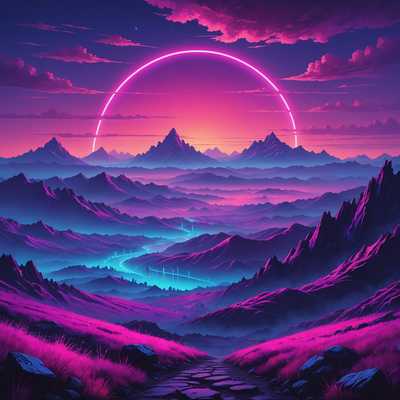 Eine atemberaubende Landschaft mit einer surrealen, verträumten Umgebung aus sanften Hügeln und zerklüfteten Bergen. Der Himmel ist in lebhaften, neonfarbenen Tönen aus Lila, Pink und Blau gehalten, was ihm ein Synthwave-Ästhetik verleiht. Ätherische Nebel klammern sich an den Boden und schaffen eine andere Welt Atmosphäre. Auffällig im Himmel dargestellt ist eine leuchtende Neon-Textkunst, die hell strahlt und ein leuchtendes Licht über die Landschaft wirft. Diese eindrucksvolle Szene spielt zwischen der traumähnlichen Umgebung und dem lebendigen, retro-futuristischen Text und verbindet die natürliche Landschaft mit einem Retro-Synthwave-Vibe der 80er Jahre. Die Gesamtkombination wirkt wie ein faszinierendes digitales Gemälde oder ein unglaublich lebendiges Foto und eignet sich ideal als Hintergrundbild.
