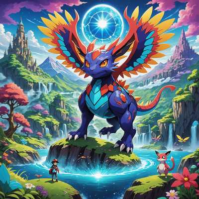 Das Bild zeigt eine lebendige Anime-Szene mit einem neuen Pokémon-Design. Das Pokémon hat ein markantes, farbenfrohes Aussehen, das an traditionelle Pokémon erinnert, aber einzigartige Attribute und fantasievolle Elemente aufweist. Der Hintergrund ist eine detaillierte Fantasielandschaft mit mystischen Auren und Umgebungen, die die Mystik der Kreatur verstärken.