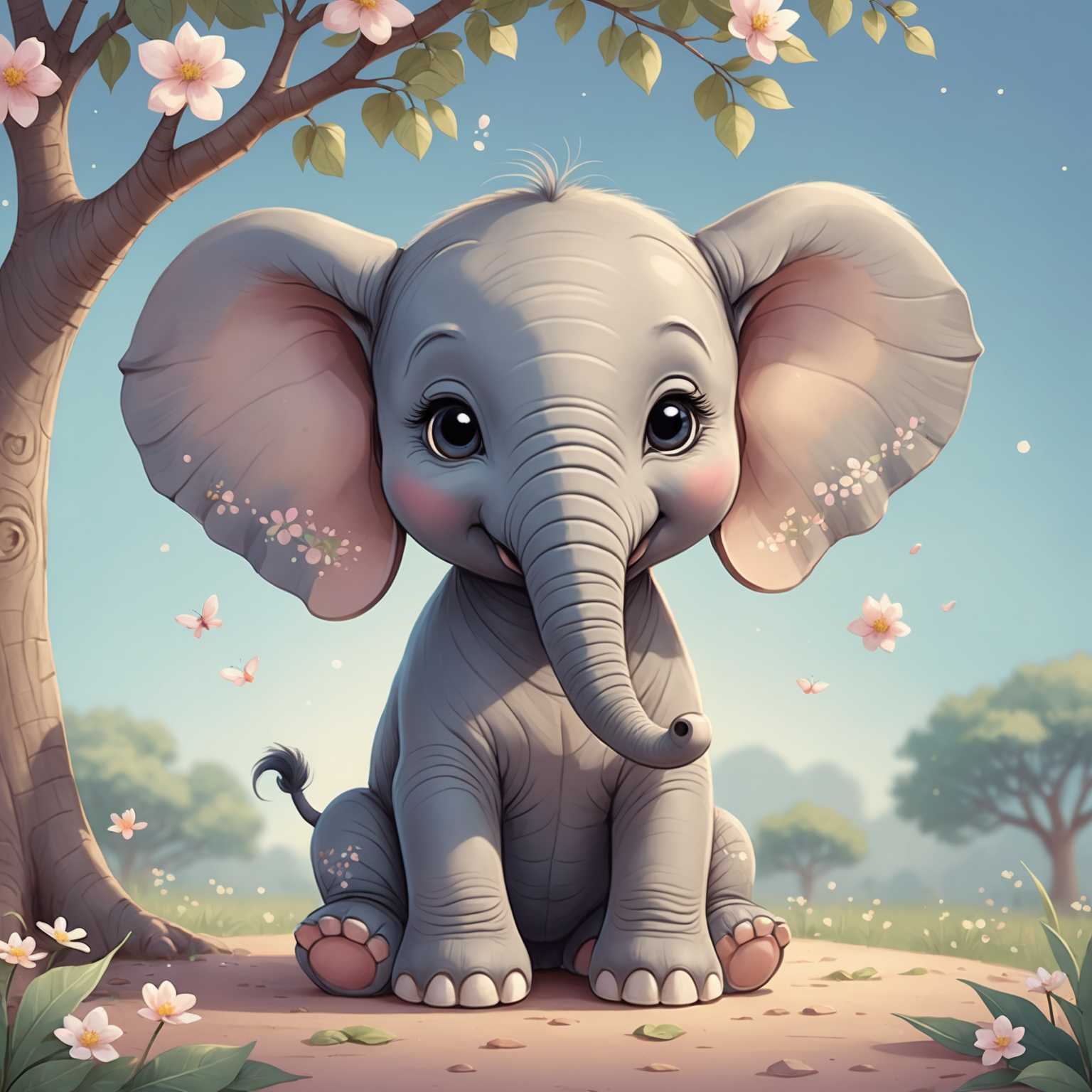 In dem Bild ist eine entzückende, im Cartoon-Stil gezeichnete Baby-Elefant zu sehen, mit großen, ausdrucksstarken Augen und übergroßen Ohren, die unter einem kleinen, pastellfarbenen Baum mit wenigen spärlichen Blättern sitzt. Der Elefant lächelt und es gibt kleine, verstreute Blumen um seine Füße. Der Hintergrund besteht aus einem sanften, beruhigenden Farbverlauf, der dem Kunstwerk eine insgesamt verträumte und beruhigende Atmosphäre verleiht.