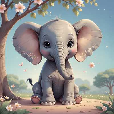 In dem Bild ist eine entzückende, im Cartoon-Stil gezeichnete Baby-Elefant zu sehen, mit großen, ausdrucksstarken Augen und übergroßen Ohren, die unter einem kleinen, pastellfarbenen Baum mit wenigen spärlichen Blättern sitzt. Der Elefant lächelt und es gibt kleine, verstreute Blumen um seine Füße. Der Hintergrund besteht aus einem sanften, beruhigenden Farbverlauf, der dem Kunstwerk eine insgesamt verträumte und beruhigende Atmosphäre verleiht.