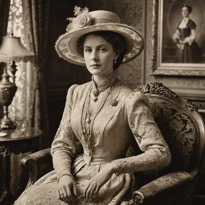 Ein sepia-getöntes Foto aus dem frühen 20. Jahrhundert zeigt eine elegant gekleidete Dame. Die Dame trägt ein raffiniertes Kleid mit Spitzenakzenten und einen breitkrempigen Hut. Der Hintergrund besteht aus einem luxuriösen Interieur mit antiken Möbeln und kunstvollen Dekorationen und fängt einen Moment zeitloser Pracht und raffinierten altmodischen Stils ein. Die Dame wirkt gefasst und elegant und strahlt eine aristokratische Eleganz aus.