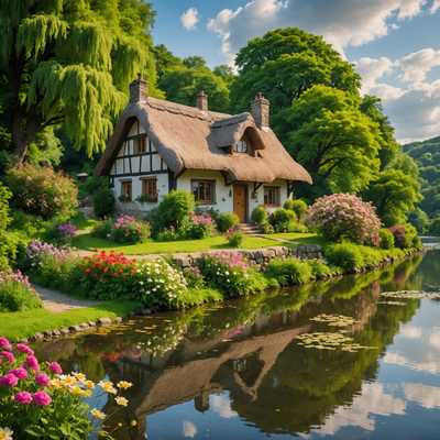 Ein detailliertes altes Öl-Gemälde, das eine ruhige ländliche Landschaft einfängt. Majestätische Bäume mit reichhaltigem, dichtem Laub säumen einen ruhigen Fluss, der ihre Schönheit im klaren Wasser widerspiegelt. In der Ferne treffen sanfte Hügel auf den Horizont unter einem weiten, leicht bewölkten Himmel, mit einem Hauch von goldenem Sonnenlicht, das durchschimmert. Ein malerisches, rustikales Häuschen mit Reetdach steht am Fluss, umgeben von lebhaften, blühenden Blumen und üppigem Grün. Die gesamte Komposition strahlt eine zeitlose, friedliche Atmosphäre aus, die an eine vergangene Ära erinnert.