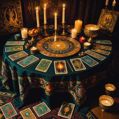 Eine mystische Szene zeigt einen reich verzierten Tisch, der mit einem reich bestickten Tuch bedeckt ist. Auf dem Tisch liegen verschiedene kunstvoll gestaltete Orakel- und Tarotkarten, die alle mit lebhaften, fantastischen Illustrationen verziert sind. Einige Karten zeigen mythische Kreaturen, andere alte Symbole und verzauberte Landschaften. Kerzen flackern um den Tisch und werfen ein weiches, magisches Leuchten über das Arrangement. Im Hintergrund rahmen dunkle Vorhänge mit goldenen Mustern die Szene ein und verstärken das Gefühl von Geheimnis und alter Weisheit. Die Atmosphäre ist eine von Verzauberung und Weissagung und lädt den Betrachter ein, die Geheimnisse der Zukunft zu erkunden.