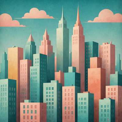 Eine vintage-inspirierte Illustration, die eine minimalistische Darstellung einer Stadtlandschaft zeigt. Das Bild verwendet eine weiche, verblasste Farbpalette, die typisch für Retro-Kunst ist: gedämpfte Pastellfarben wie Türkis, Lachs und staubiges Gelb. Die Gebäude sind auf geometrische Formen mit klaren Linien reduziert. Es gibt auch Silhouetten von Figuren, die in Kleidung aus der Mitte des 20. Jahrhunderts gekleidet sind und entspannt auf den Straßen spazieren oder interagieren. Der Himmel ist ein Farbverlauf von hellblau zu rosa, was der Szene ein verträumtes, nostalgisches Gefühl verleiht. Der Gesamteindruck ähnelt einem malerischen Effekt, mit sichtbaren Pinselstrichen und einer texturierten Oberfläche.