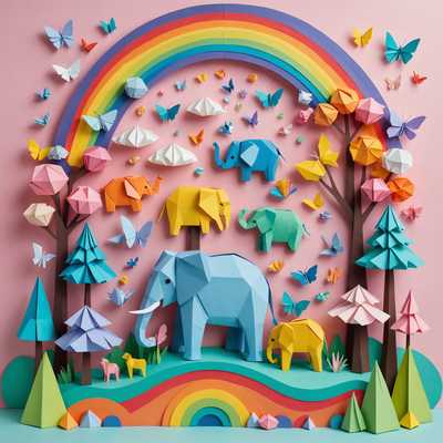 Das Bild zeigt eine lebendige und verspielte Szene von pastellfarbener 3D-Origami-Papierkunst, die speziell für Kinder gestaltet wurde. Die Szene ist gefüllt mit verschiedenen aus Papier gefertigten Tieren und Objekten, alles in weichen Pastelltönen. Ein Papier-Elefant steht prominent in der Mitte, umgeben von einem Regenbogen aus gefaltetem Papier. Es gibt auch Papier-Schmetterlinge, die herumflattern, und einen Baum aus Papier mit grünen, geschichteten Blättern. Der Hintergrund ist ein leichtes Himmelblau mit kleinen, flauschigen Papierwolken, die darüber verteilt sind. Die gesamte Einstellung ist fantasievoll und einfallsreich, sie erweckt ein Gefühl von kindlicher Kreativität und Wunder.