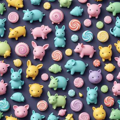 In dem Bild ist eine Sammlung von 3D-Tieren in Pastellfarben zu sehen, die wie Bonbons aussehen. Die Tiere wirken niedlich und sind in einem spielerischen, kinderfreundlichen Stil modelliert. Jedes Tier hat eine glatte, glänzende Textur, die an Süßigkeiten oder Konfekte erinnert. Die Tiere sind in verschiedenen Pastellfarben wie Rosa, Blau, Gelb und Grün dargestellt. Sie sind auf einer schlichten, hellen Hintergrund angeordnet, der ihr fröhliches und lebhaftes Aussehen betont. Das Gesamtbild wirkt süß, liebenswert und einladend für Kinder.