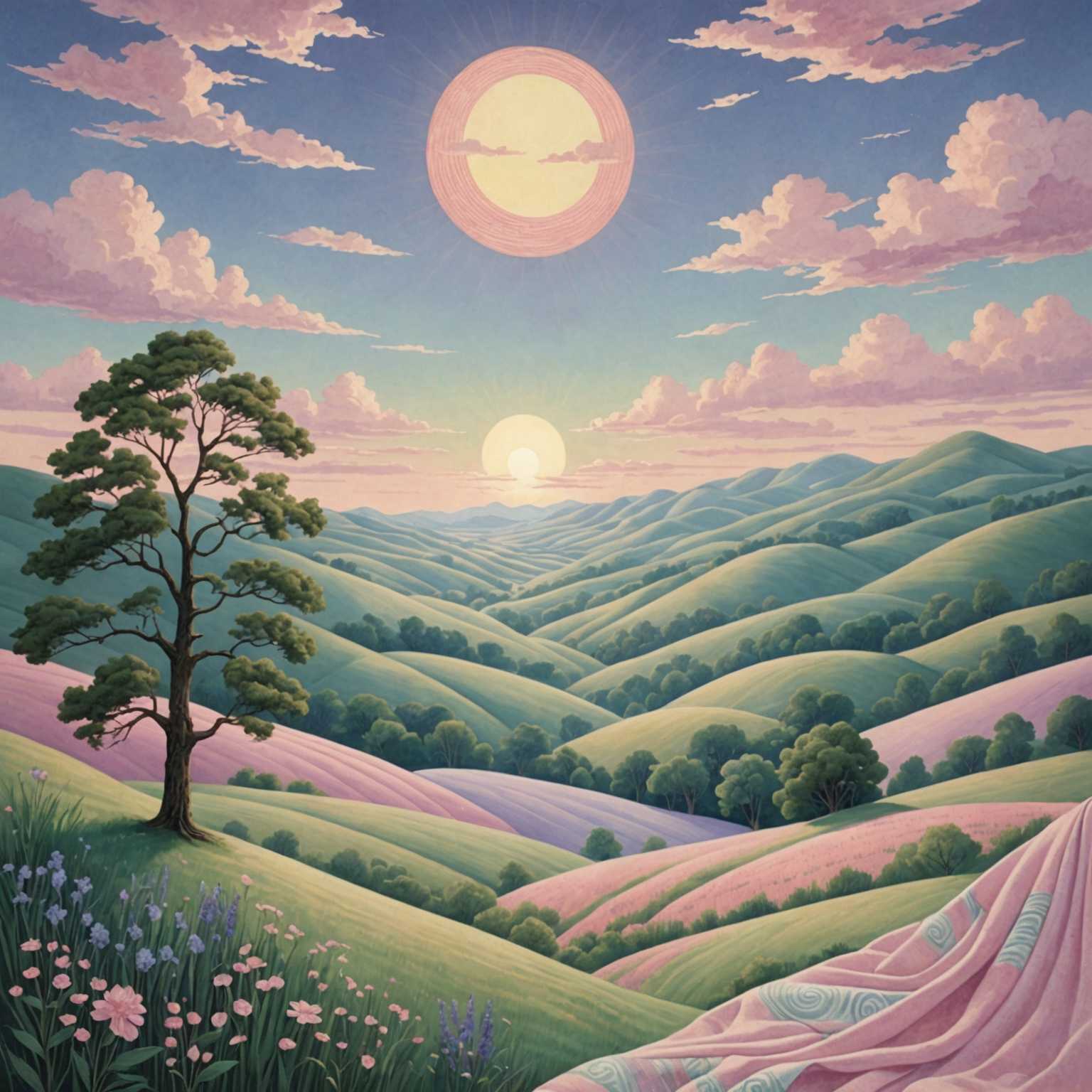 Das Bild zeigt eine ruhige Landschaft, die aus weichen, pastellfarbenen Textilien besteht. Die Szene umfasst sanfte Hügel und Täler aus Stoff in verschiedenen Schattierungen von Rosa, Blau, Grün und Lavendel. Eine gewebte Sonne oder ein gewebter Mond sitzt am Himmel und strahlt ein warmes, einladendes Leuchten aus. Bäume und Wolken sind ebenfalls aus Stoff gefertigt und verleihen der Umgebung Textur und Tiefe. Die Gesamtwirkung ist skurril, friedlich und traumhaft und verbindet Naturelemente mit den taktilen Qualitäten von Textilien.