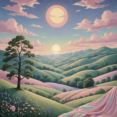 Das Bild zeigt eine ruhige Landschaft, die aus weichen, pastellfarbenen Textilien besteht. Die Szene umfasst sanfte Hügel und Täler aus Stoff in verschiedenen Schattierungen von Rosa, Blau, Grün und Lavendel. Eine gewebte Sonne oder ein gewebter Mond sitzt am Himmel und strahlt ein warmes, einladendes Leuchten aus. Bäume und Wolken sind ebenfalls aus Stoff gefertigt und verleihen der Umgebung Textur und Tiefe. Die Gesamtwirkung ist skurril, friedlich und traumhaft und verbindet Naturelemente mit den taktilen Qualitäten von Textilien.