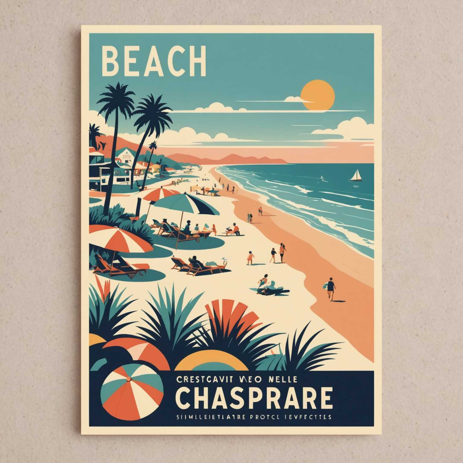Das Bild zeigt eine Sammlung von Postkarten im Vintage-Stil, die in einer Collage angeordnet sind. Die Postkarten zeigen Pastellfarben und retro Illustrationen verschiedener Reiseziele, darunter Strandszenen, Stadtlandschaften und Ferienorte. Der Kunststil erinnert an Reiseposter aus der Mitte des 20. Jahrhunderts mit fetter Typografie und idyllischen Szenen. Jede Postkarte weckt ein Gefühl von Nostalgie und Fernweh, indem sie malerische Landschaften, charmante Städte und einladende Urlaubsorte zeigt. Die Gesamtästhetik ist fröhlich und verträumt und fängt die Essenz von Urlaubsabenteuern vergangener Zeiten ein.