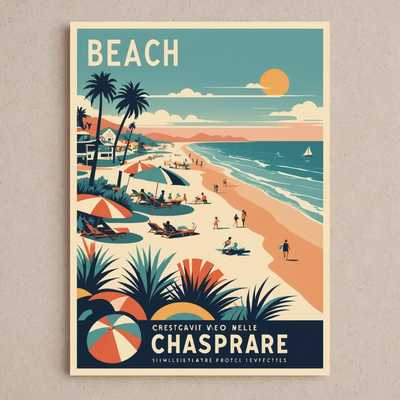 Das Bild zeigt eine Sammlung von Postkarten im Vintage-Stil, die in einer Collage angeordnet sind. Die Postkarten zeigen Pastellfarben und retro Illustrationen verschiedener Reiseziele, darunter Strandszenen, Stadtlandschaften und Ferienorte. Der Kunststil erinnert an Reiseposter aus der Mitte des 20. Jahrhunderts mit fetter Typografie und idyllischen Szenen. Jede Postkarte weckt ein Gefühl von Nostalgie und Fernweh, indem sie malerische Landschaften, charmante Städte und einladende Urlaubsorte zeigt. Die Gesamtästhetik ist fröhlich und verträumt und fängt die Essenz von Urlaubsabenteuern vergangener Zeiten ein.
