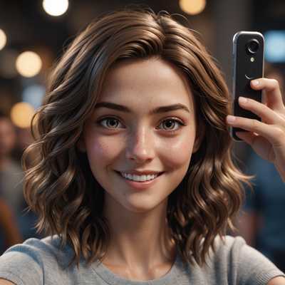 Ein detailreich gerendertes 3D-Charaktermodell, das ein Selfie macht. Der Charakter hat realistische Hauttextur und lebensechte Merkmale. Sie lächeln in die Kamera, mit ausdrucksvollen Augen und detaillierten Haarsträhnen. Der Hintergrund ist leicht verschwommen, um das Gesicht des Charakters hervorzuheben. Die Beleuchtung ist weich und die Schatten sind genau so geworfen, dass sie die Tiefe und Realität des Gesichts des Charakters verstärken. Die gesamte Szene fängt den Eindruck eines lässigen, aber fotorealistischen Selfie-Moments ein.
