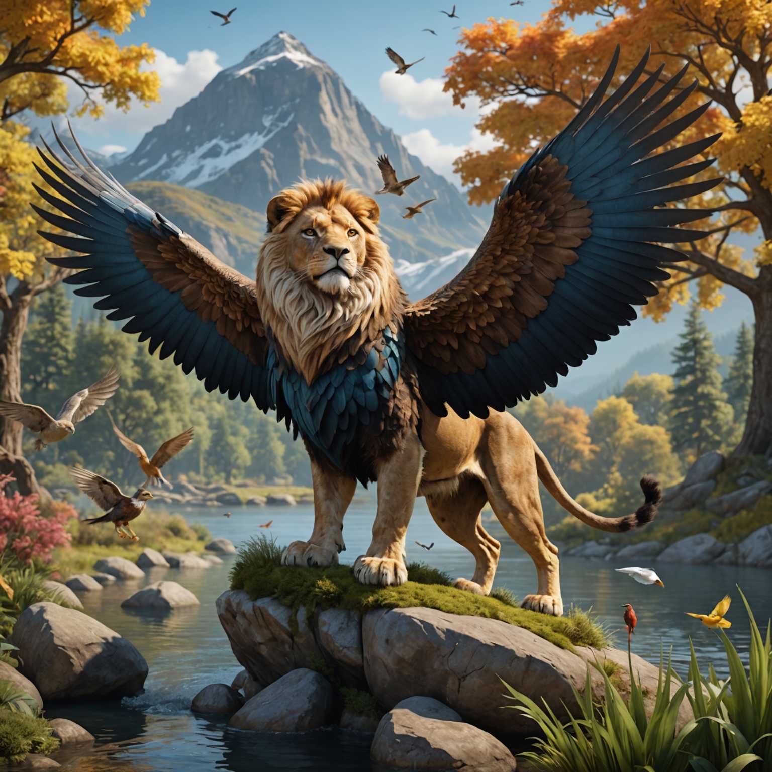 Fotorealistische 3D-Darstellung hybrider Tiere. Die Szene zeigt detailliert gestaltete Kreaturen, die Merkmale verschiedener Arten vereinen, wie z. B. ein Löwe mit Adlerflügeln, ein Kaninchen mit Hirschgeweihen und ein Fisch mit Vogelfedern. Die Strukturen sind sehr realistisch, mit detailliert dargestelltem Fell, Federn und Schuppen. Der Hintergrund ist eine lebendige, natürliche Umgebung mit üppigem Grün, fließendem Wasser und einem dynamischen Himmel voller Wolken und Sonnenschein. Die Beleuchtung und die Schatten sind akribisch gestaltet, um die Tiefe und Realitätsnähe der Szene zu verstärken und ein immersives visuelles Erlebnis zu schaffen.