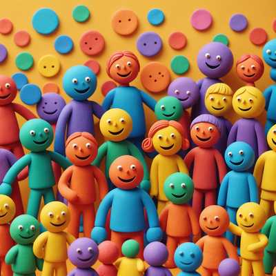 Eine lebendige, verspielte 3D-Illustration, die eine Gruppe von Menschen zeigt, die aus buntem Plastilin geformt sind. Die Charaktere haben übertriebene, cartoonartige Züge mit ausdrucksstarken Gesichtern und dynamischen Posen. Sie sind in verschiedenen Aktivitäten wie Plaudern, Lachen und Interaktionen miteinander beschäftigt. Der Hintergrund besteht aus hellen, skurrilen Elementen, die zur fröhlichen und lebhaften Atmosphäre beitragen. Die Szene ist voller Freude und Kreativität, mit Texturdetails, die das handgefertigte Gefühl des in der Kunst verwendeten Plastilinmaterials hervorheben.