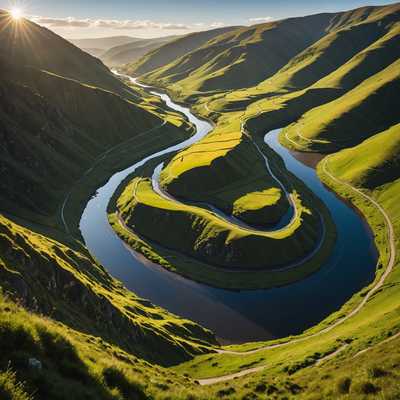 Ein mäandernder Fluss, der sich durch die Hügel schlängelt und das Sonnenlicht reflektiert. Der Fluss verleiht der Landschaft eine zusätzliche Dimension und trägt zur friedlichen und idyllischen Atmosphäre bei.