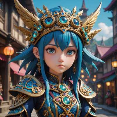 Das Bild zeigt eine detaillierte 3D-Charakteranimation einer Fantasy-Anime-Figur. Der Charakter hat die typischen übertriebenen Merkmale des Anime-Stils, mit großen ausdrucksstarken Augen, und ist in aufwendiger Fantasiekleidung gekleidet. Die Umgebung um den Charakter herum spiegelt ebenfalls ein fantastisches Thema wider, mit lebendigen Farben und mystischen Elementen. Der Charakter scheint in Bewegung zu sein, möglicherweise in einer dynamischen Aktion oder Pose, was zu einer lebendigen und immersiven Szene beiträgt.