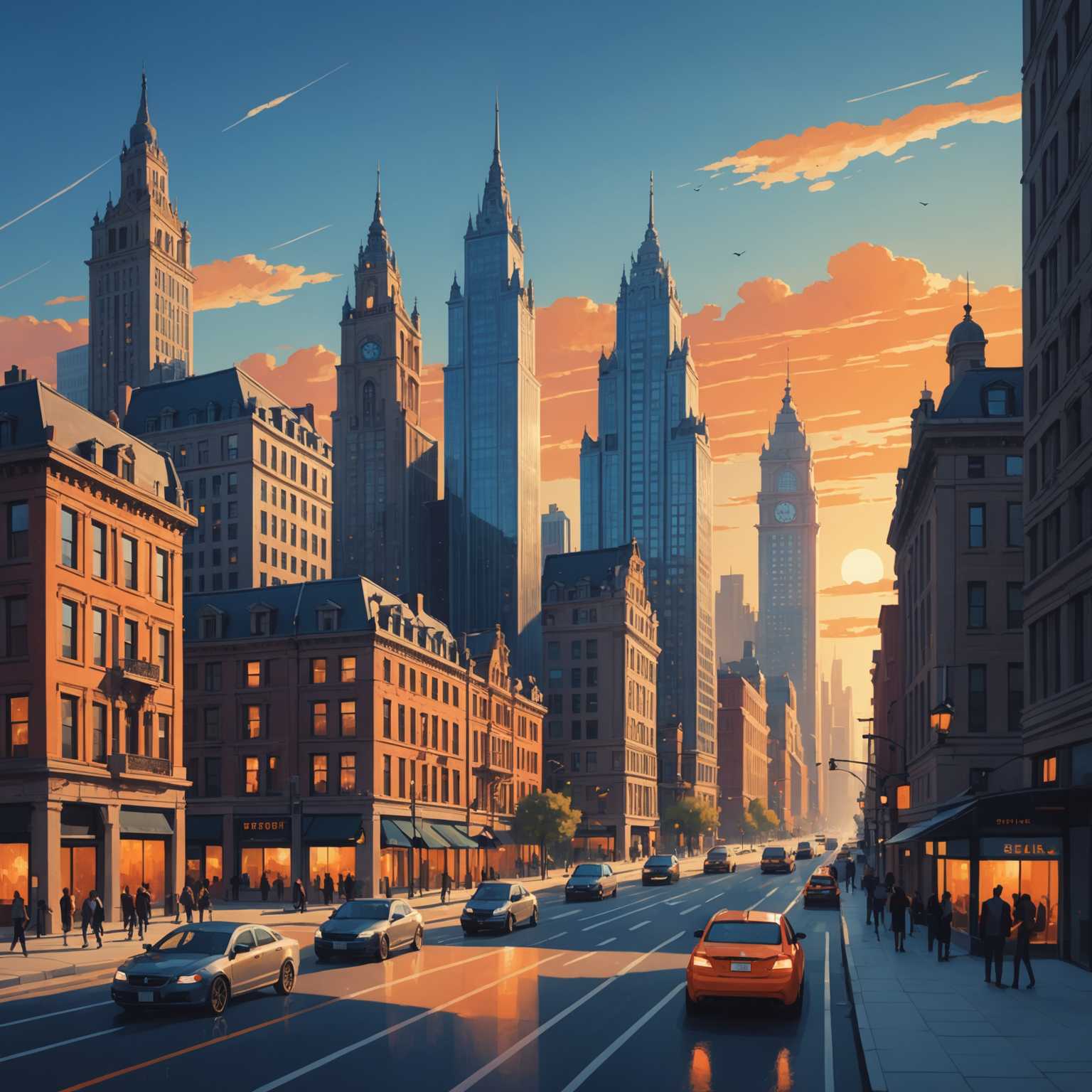 Das Bild zeigt eine stilisierte, minimalistische Stadtlandschaft, die moderne und klassische Architektur vereint. Spiegelnde Glaswolkenkratzer ragen über historischen Gebäuden mit verzierten Fassaden. Die Straßen unten sind belebt mit kleinen Figuren von Menschen und einigen Autos. Der Hintergrund zeigt einen Farbverlauf im Himmel, der von einem sanften Orange am Horizont zu einem tiefen Blau übergeht und auf einen Sonnenaufgang oder Sonnenuntergang hindeutet. Die Farbpalette ist überwiegend in kühlen Tönen gehalten, mit gelegentlichen warmen Akzenten.