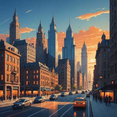 Das Bild zeigt eine stilisierte, minimalistische Stadtlandschaft, die moderne und klassische Architektur vereint. Spiegelnde Glaswolkenkratzer ragen über historischen Gebäuden mit verzierten Fassaden. Die Straßen unten sind belebt mit kleinen Figuren von Menschen und einigen Autos. Der Hintergrund zeigt einen Farbverlauf im Himmel, der von einem sanften Orange am Horizont zu einem tiefen Blau übergeht und auf einen Sonnenaufgang oder Sonnenuntergang hindeutet. Die Farbpalette ist überwiegend in kühlen Tönen gehalten, mit gelegentlichen warmen Akzenten.