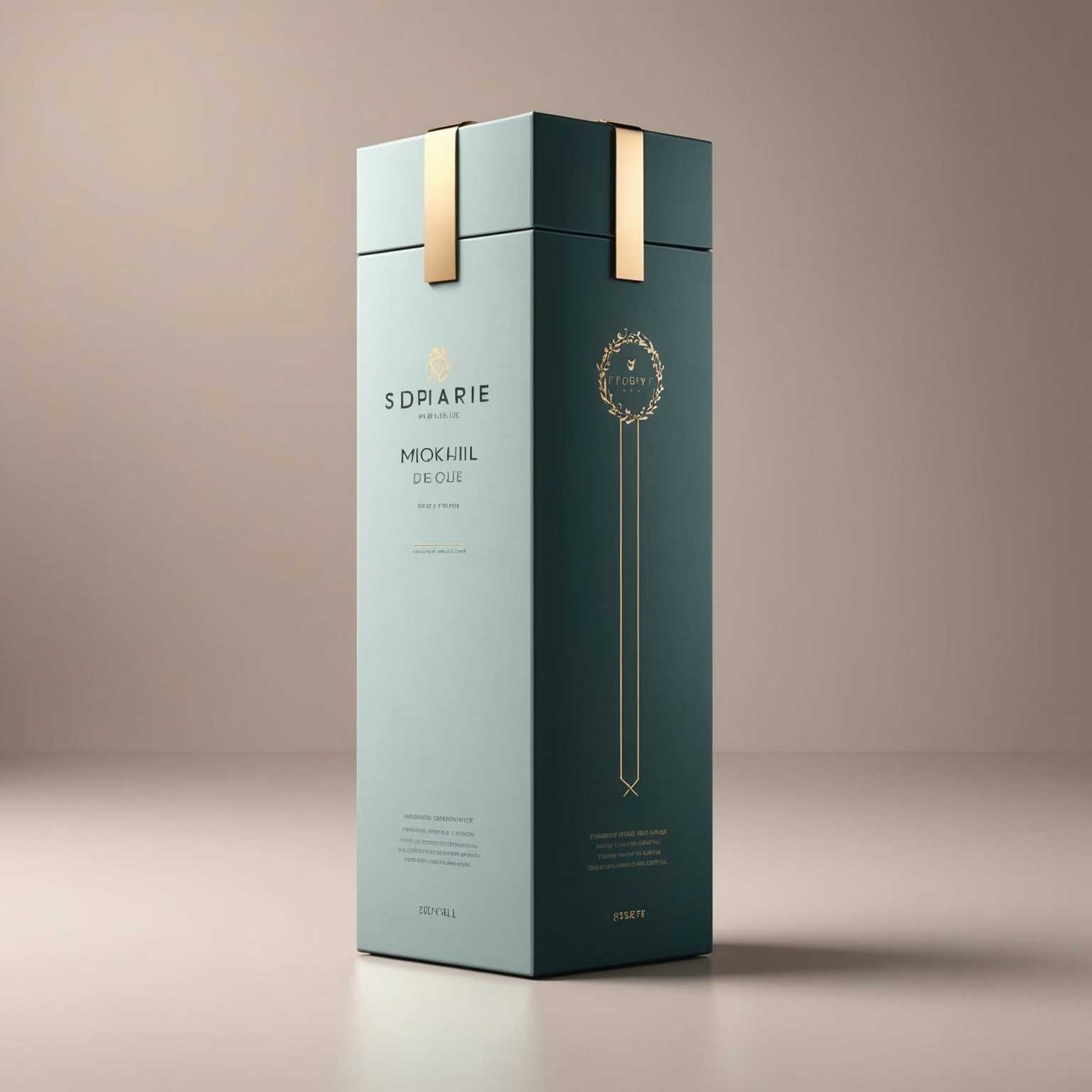 Das Bild zeigt ein elegantes, modernes 3D-gerendertes Premium-Produktverpackungsdesign. Die Verpackung ist minimalistisch und zeichnet sich durch klare Linien und eine anspruchsvolle Farbpalette mit metallischen Akzenten aus. Das Produkt wird in einer hochwertigen, fotorealistischen Mockup-Einstellung präsentiert, die seine Eleganz und seine gehobene Qualität hervorhebt. Der Hintergrund ist einfach und übersichtlich, sodass der Fokus auf das Produkt gelenkt wird. Die Beleuchtung ist weich und gut ausbalanciert, wodurch die Texturen und Details der Verpackung hervorgehoben werden.