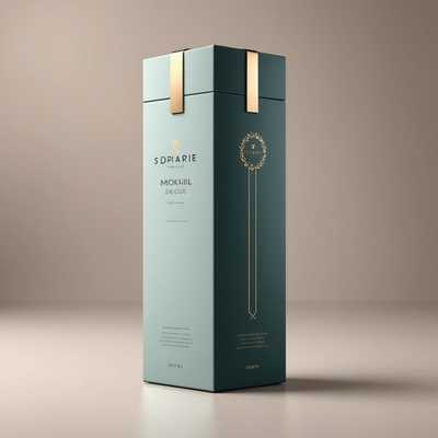 Das Bild zeigt ein elegantes, modernes 3D-gerendertes Premium-Produktverpackungsdesign. Die Verpackung ist minimalistisch und zeichnet sich durch klare Linien und eine anspruchsvolle Farbpalette mit metallischen Akzenten aus. Das Produkt wird in einer hochwertigen, fotorealistischen Mockup-Einstellung präsentiert, die seine Eleganz und seine gehobene Qualität hervorhebt. Der Hintergrund ist einfach und übersichtlich, sodass der Fokus auf das Produkt gelenkt wird. Die Beleuchtung ist weich und gut ausbalanciert, wodurch die Texturen und Details der Verpackung hervorgehoben werden.